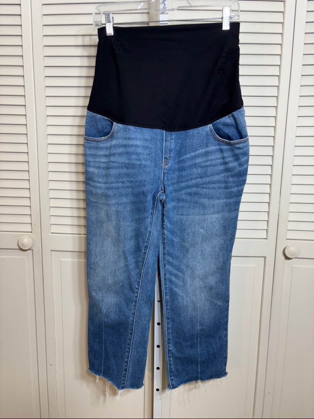 Hatch Blue Denim Maternity Cropped Jeans with Black Waist Panel